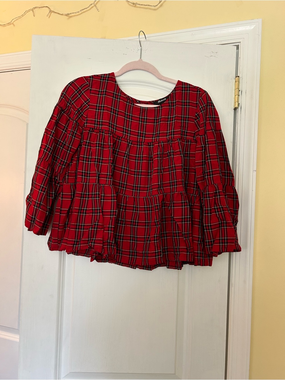 MADEWELL Red Plaid Tiered Long-Sleeve Top